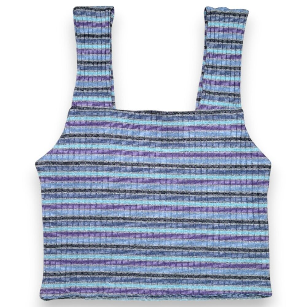American Eagle Striped Square Neck Crop Tank Top Ribbed Knit Blue Purple Small